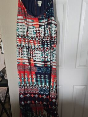 Cato Multicolor Geometric Print Maxi Dress - Navy, Coral, Teal